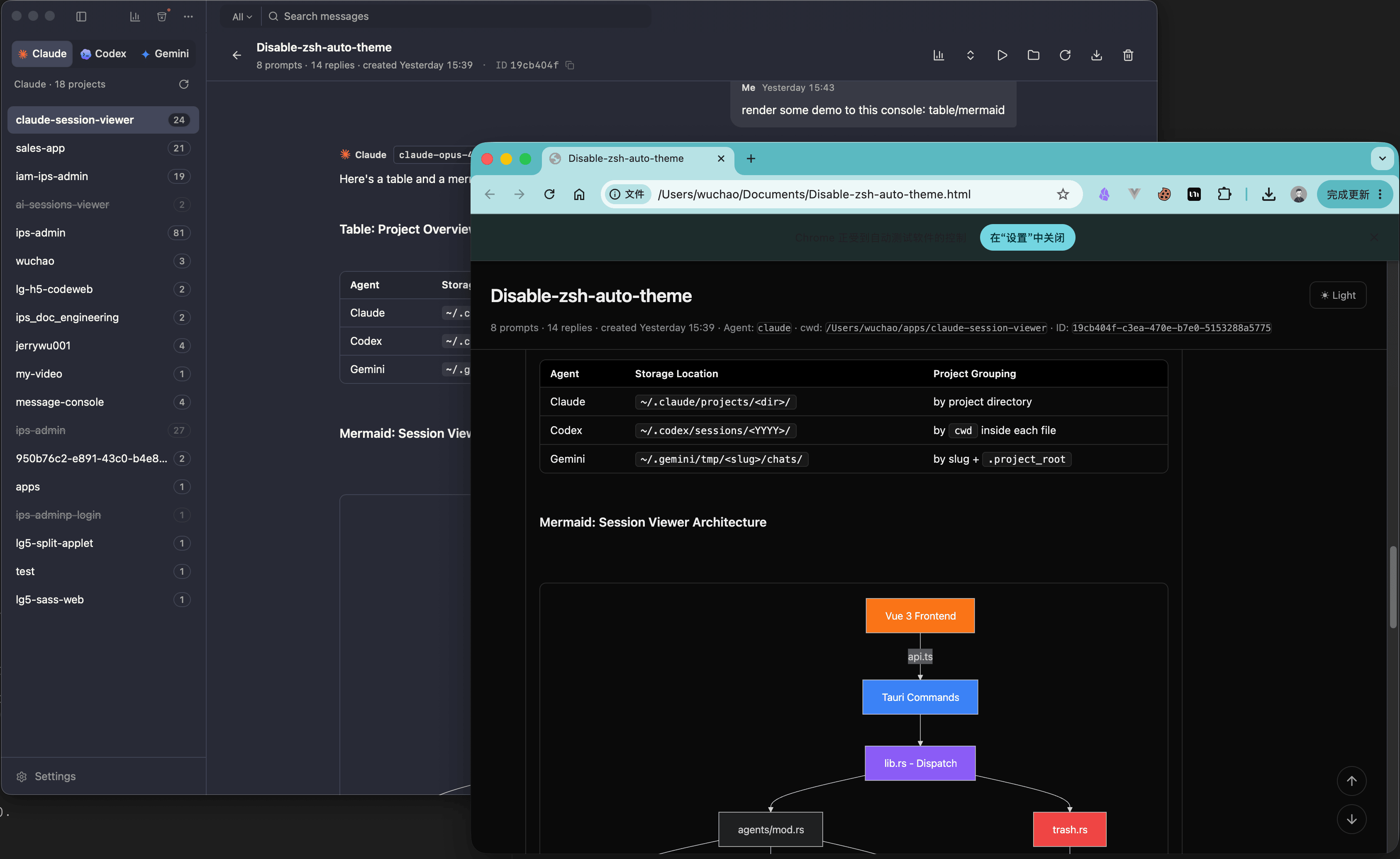 A session exported as a self-contained HTML file, opened in a browser