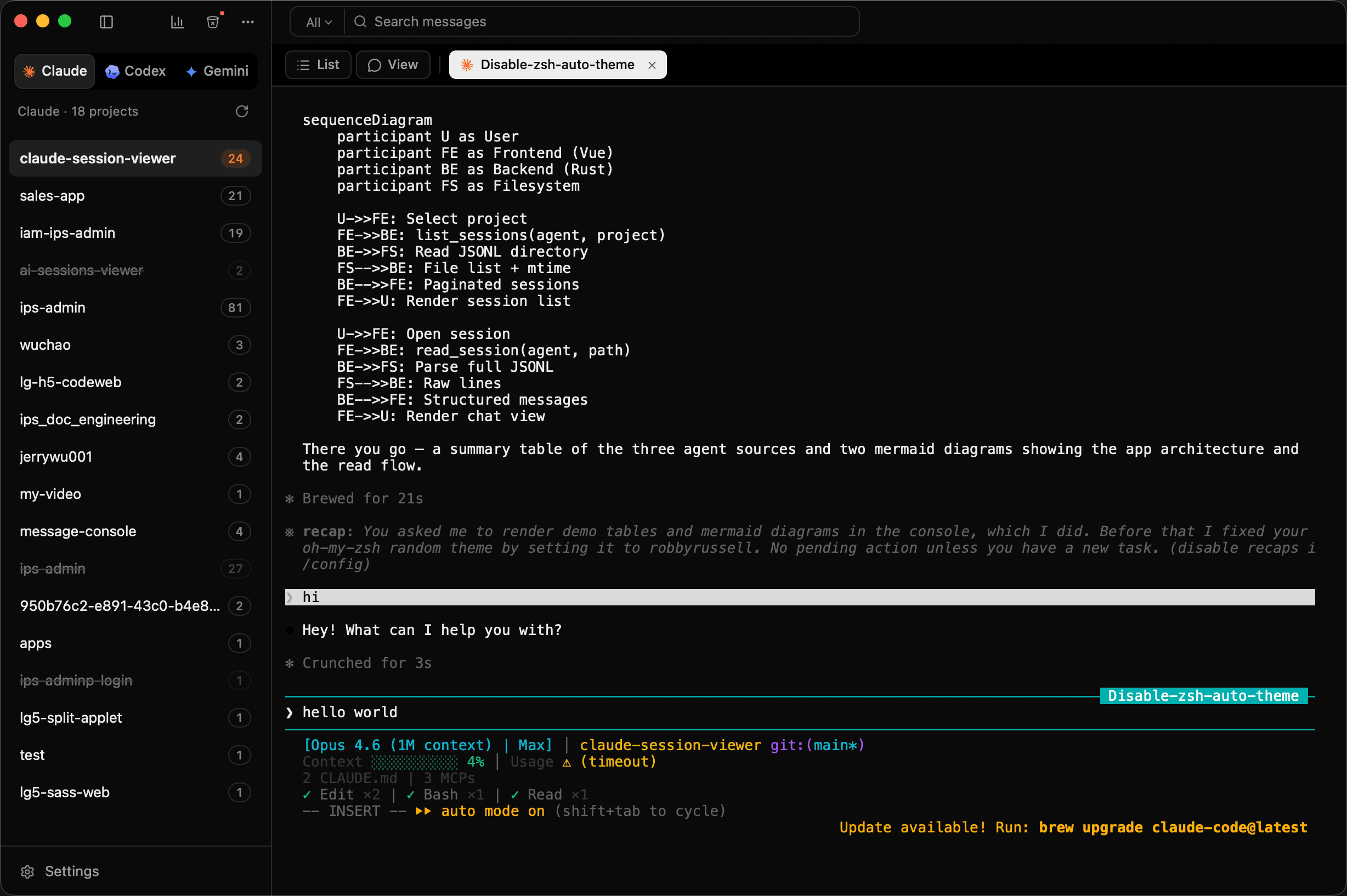 A session resumed in the embedded terminal, in a tab next to its transcript