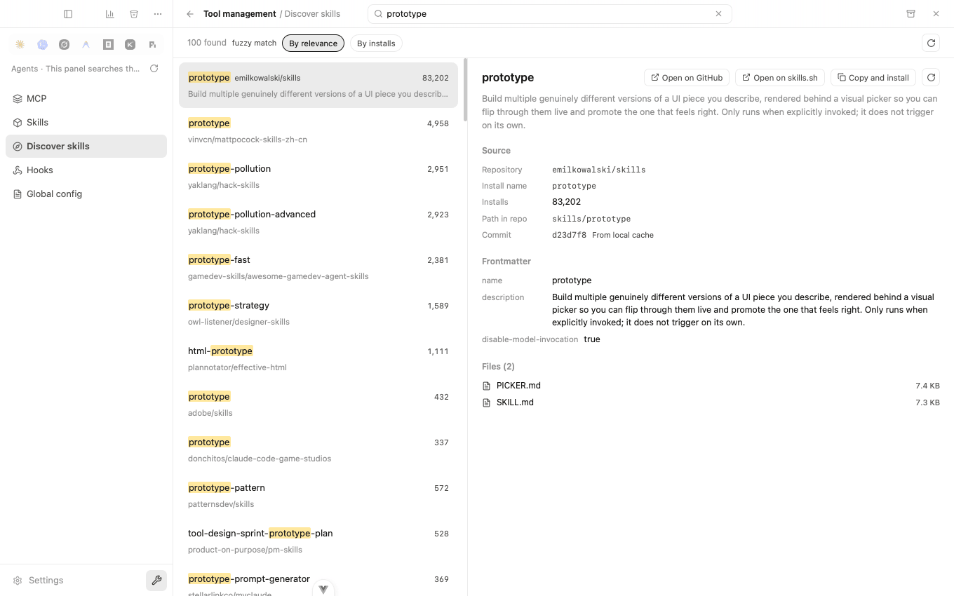 The discover panel, showing a skills.sh search result with its description and file list