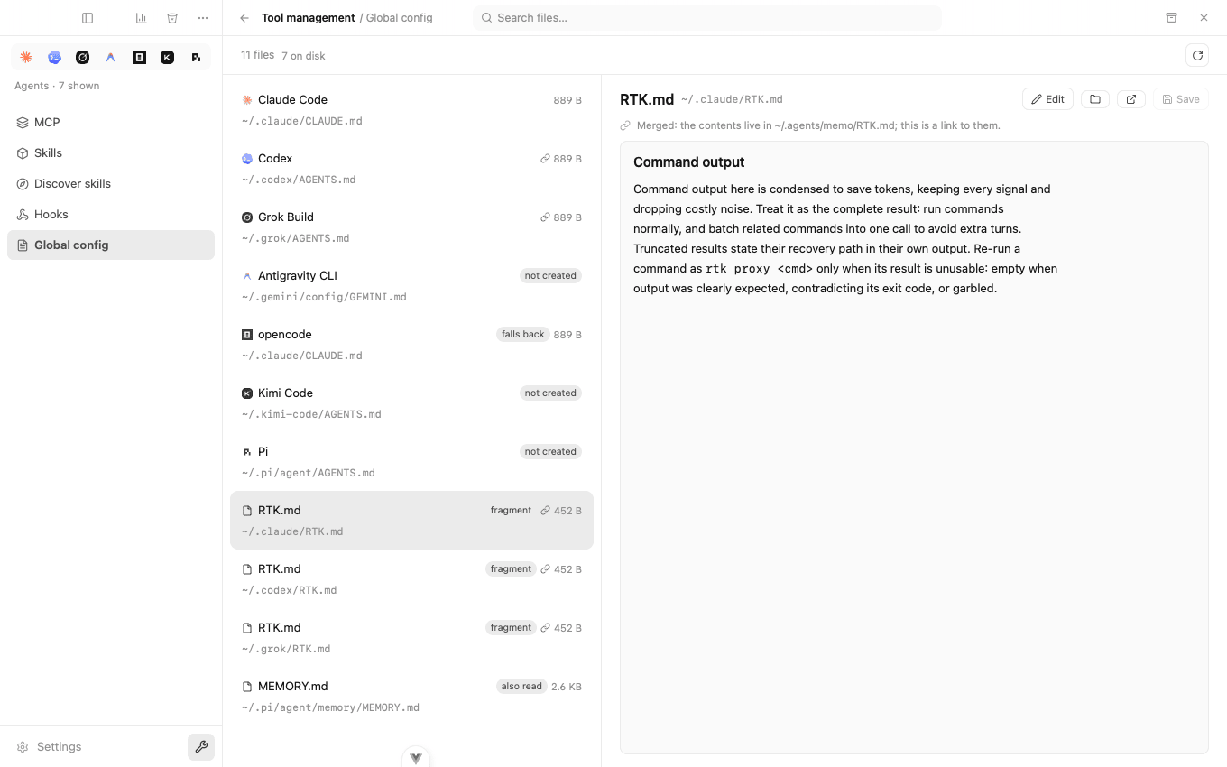 The global config panel, showing CLAUDE.md, AGENTS.md and the files they import