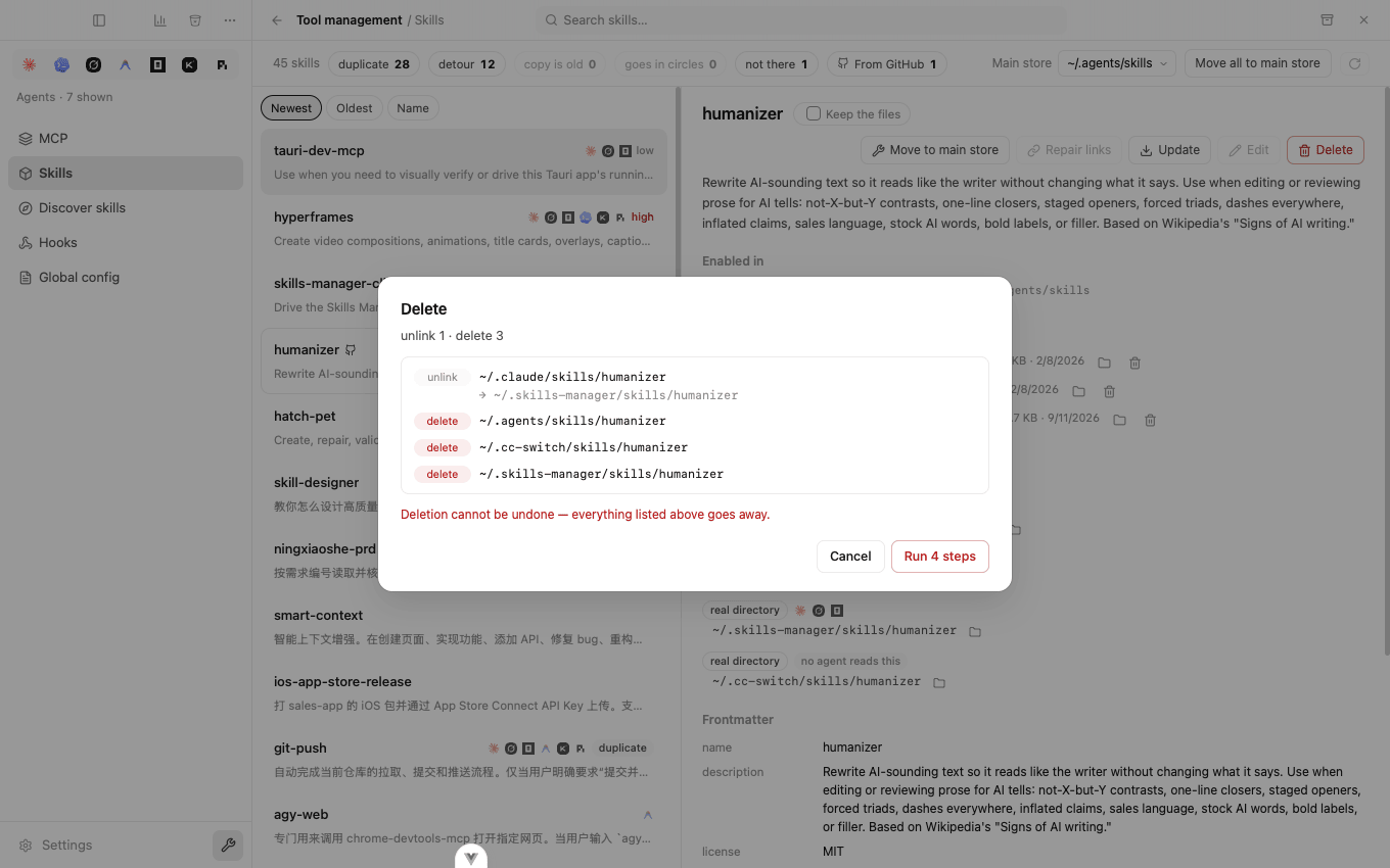 The delete preview, listing every reference and every copy that will be removed