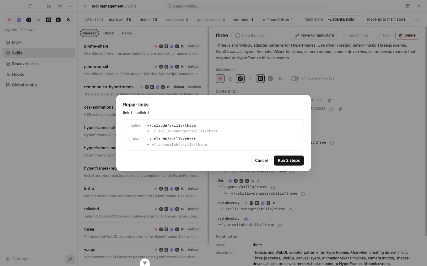 The repair preview, showing a link rewritten to point straight at the real folder