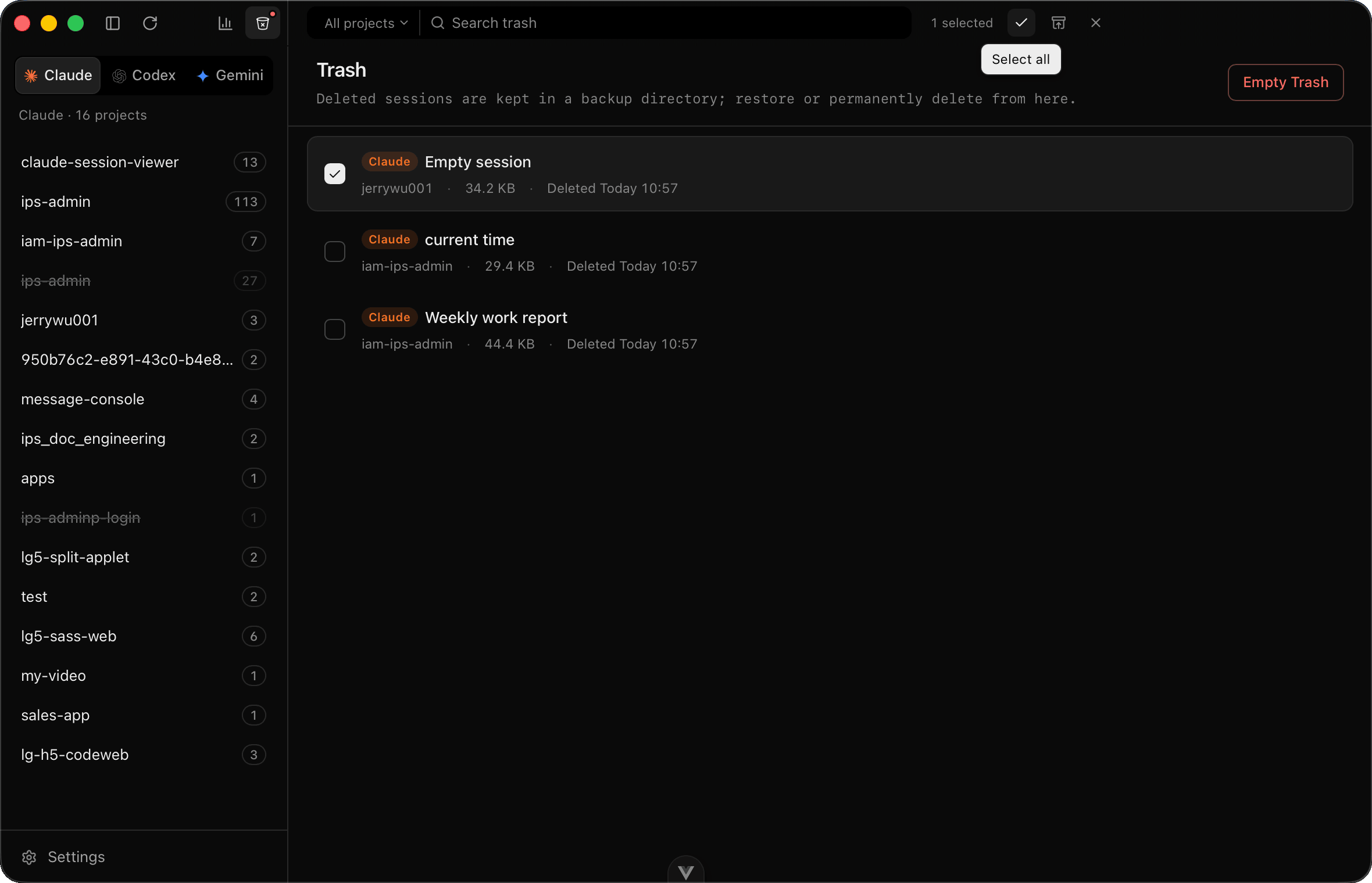 The shared trash listing deleted sessions from several agents